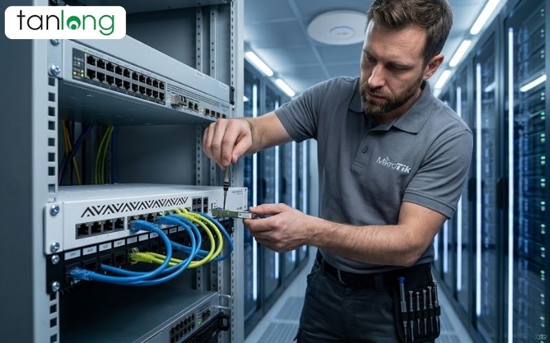 Kỹ thuật viên thao tác trên thiết bị mạng