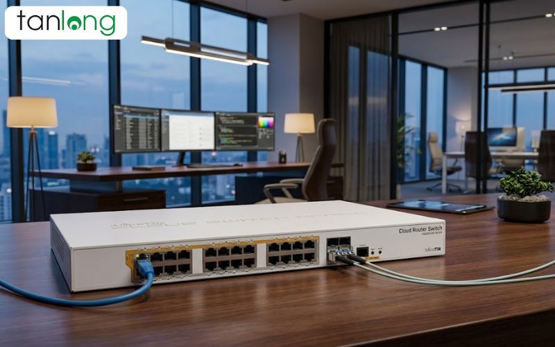 CRS328-24P-4S+RM nằm trên bàn, trong một văn phòng doanh nghiệp lớn