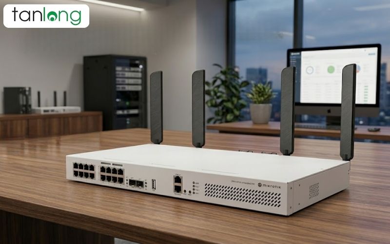 Thiết bị CRS418-8P-8G-2S+5axQ2axQ-RM trên bàn làm việc trong văn phòng