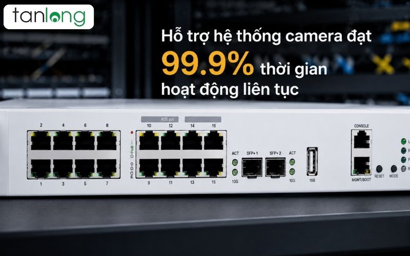 Cận cảnh các cổng Gigabit PoE của thiết bị CRS418-8P-8G-2S+RM