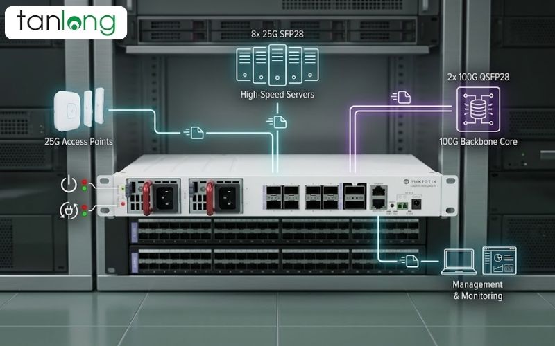 Mô phỏng sơ đồ kết nối switch CRS510-8XS-2XQ-IN trong phòng máy