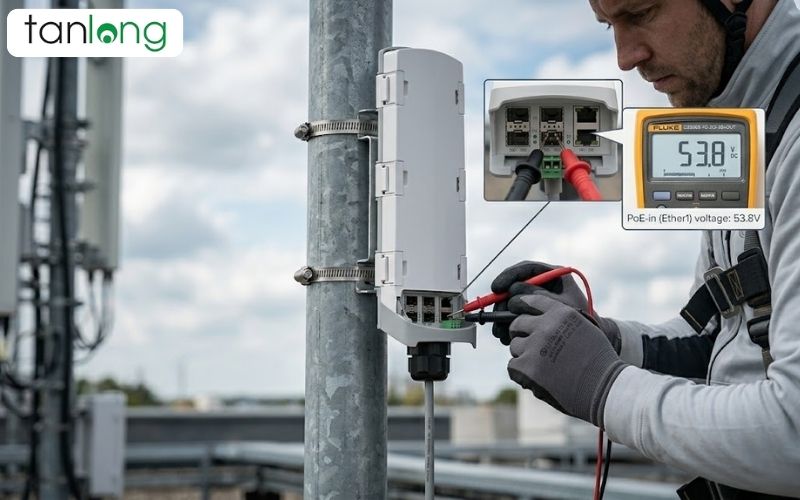 Kỹ thuật viên đo điện áp thực tế cho thiết bị mạng