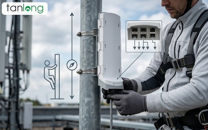 Kỹ thuật viên lắp đặt thiết bị CSS606-1G-2Gi-3S+OUT ngoài trời
