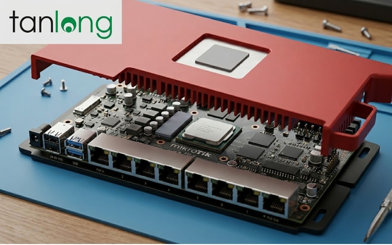 Cận cảnh bo mạch và vỏ tản nhiệt nhôm của Router MikroTik L009UiGS-RM