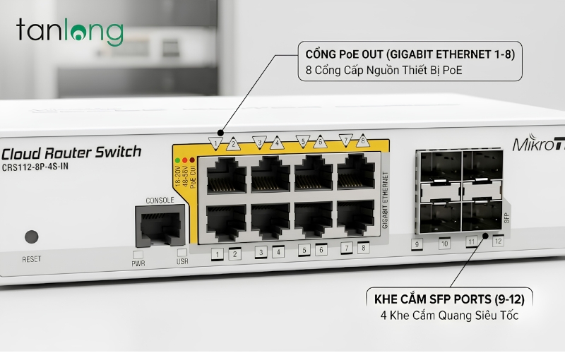 Cận cảnh các cổng kết nối và khe cắm SFP trên CRS112-8P-4S-IN.
