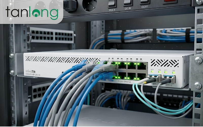 Thiết bị MikroTik CSS610-8P-2S+IN hỗ trợ 8 cổng PoE và 2 cổng SFP+ 10G