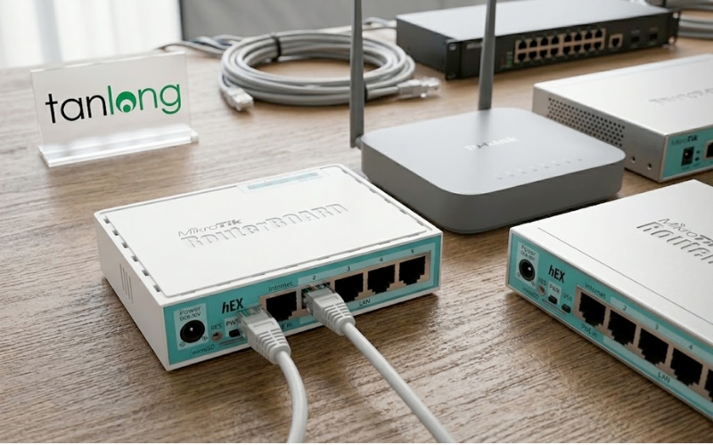 Hình ảnh thực tế bộ định tuyến MikroTik RB750Gr3 tại kho hàng Tân Long