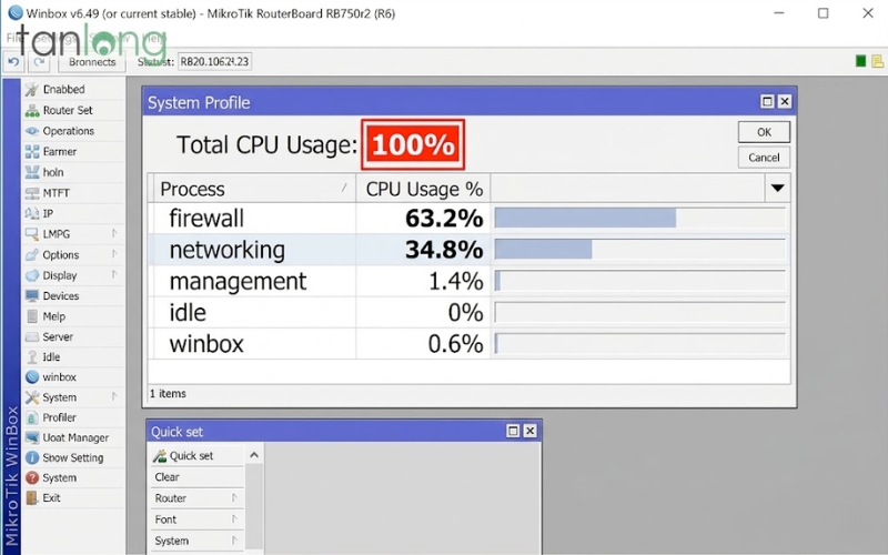 Công cụ Profiler hiển thị lỗi CPU 100% trên MikroTik RB750r2