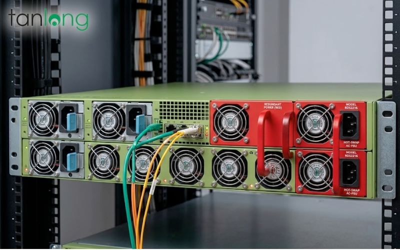 Cận cảnh mặt sau thiết bị RDS2216-2XG-4S+4XS-2XQ với nguồn kép dự phòng và hệ thống làm mát