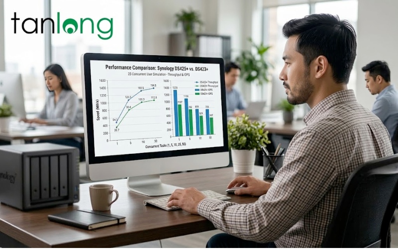 Biểu đồ so sánh hiệu suất đa nhiệm giữa ds425+ vs ds423+ tại TÂN LONG