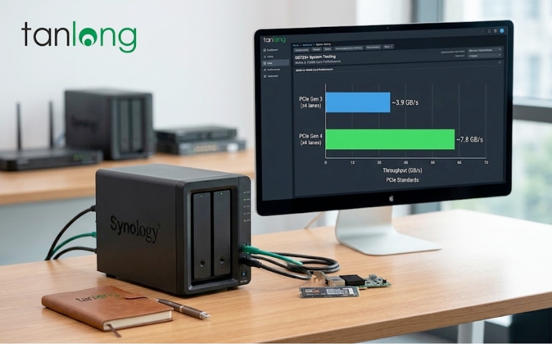Biểu đồ so sánh tốc độ PCIe Gen 4 của DS725+ và Gen 3 của DS723+