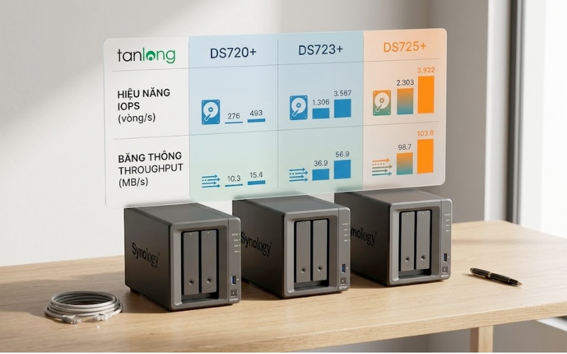 Biểu đồ so sánh hiệu năng thực tế của NAS Synology DS725+ qua các bài test Benchmark