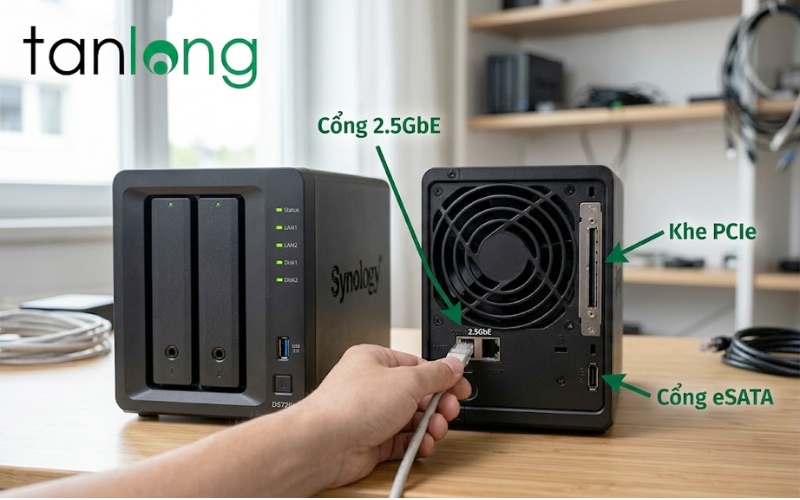Chi tiết cổng kết nối mặt sau của thiết bị lưu trữ NAS Synology DS725+