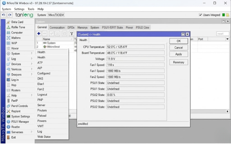 Bảng thông số nhiệt độ hệ thống hiển thị trong mục Health của RouterOS.