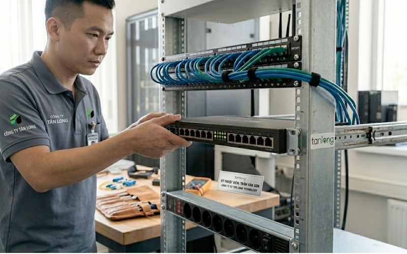 Hình ảnh thực tế lắp đặt Router MikroTik RB4011iGS+RM vào tủ rack