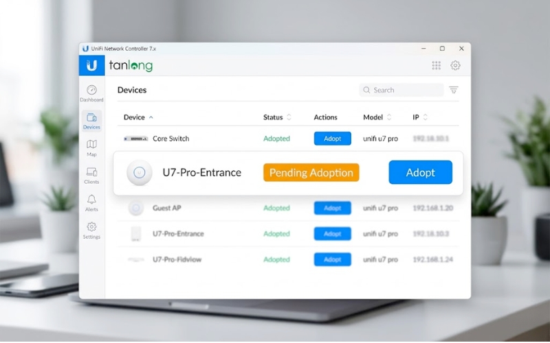 Các bước click chọn thiết bị và nhấn nút Adopt trên giao diện quản trị UniFi Network