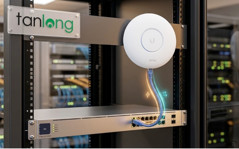 Sơ đồ kết nối cáp mạng và cấp nguồn PoE+ cho bộ phát sóng