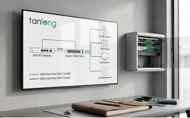 Cận cảnh cổng kết nối 10GbE và khe tản nhiệt của UniFi Enterprise E7