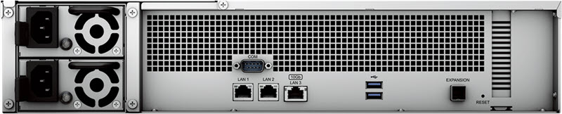 Thiết bị NAS RS2423+ được trang bị 2 cổng RJ45 1 GbE, cùng 1 cổng RJ45 10GbE